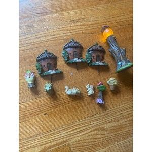 Squirrel Fairy Garden Set with acorn lightpost, houses and tiny squirrels